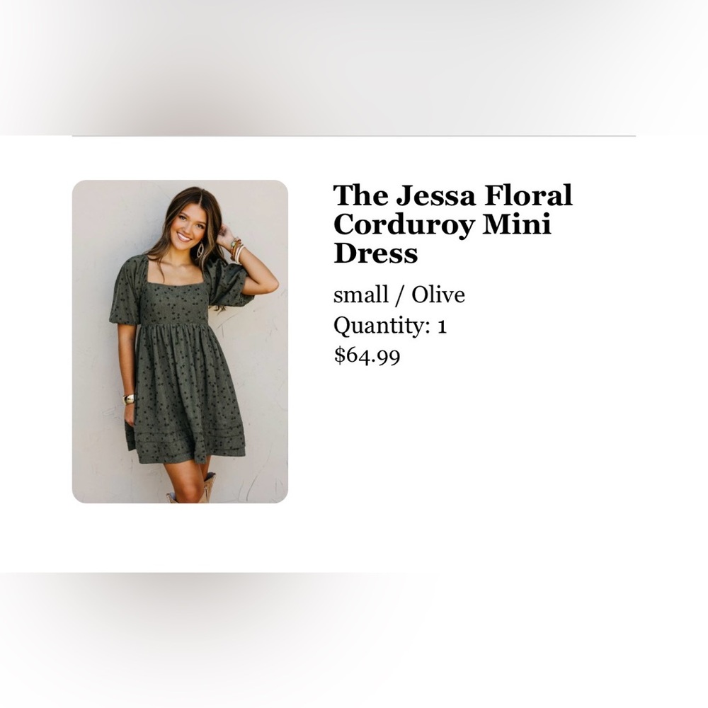 The Jessa Floral Corduroy Mini Dress - Olive (NWT) Small